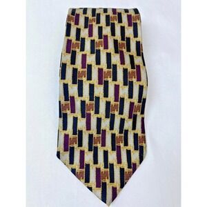 Bellinzona Mens Silk Tie Geometric Pattern‎ Burgundy Gold Black Retro Vintage